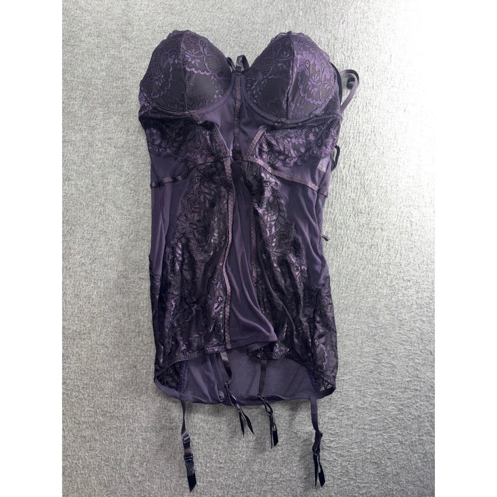 Dreamgirl Eggplant Purple Lace Mesh Bustier Garter Chemise Set 11013 Large NWT